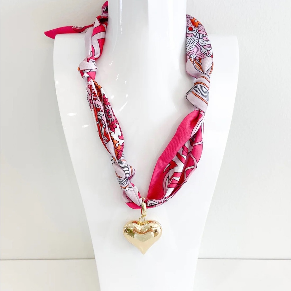 Gold Heart Pendant on Pink Scarf Necklace
